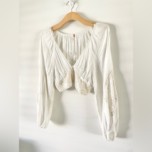 New! Free People Sexy Cropped Boho Peasant Blouse Ivory Embroidered Size S Lace - Picture 4 of 6